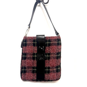 COLE HAAN Vintage Plum & Black Plaid Wool & Leather Shoulder Handbag Purse